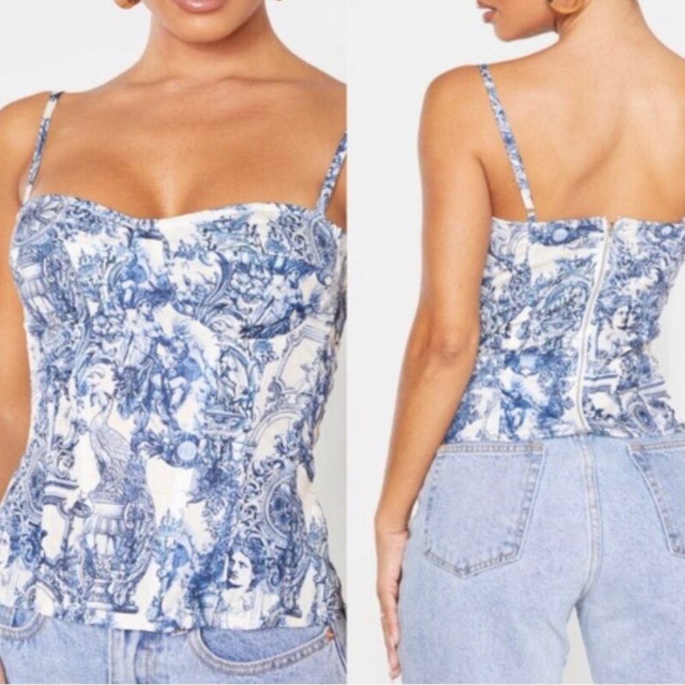 Pretty Little Thing blue/off white renaissance print corset, adjustable straps.
